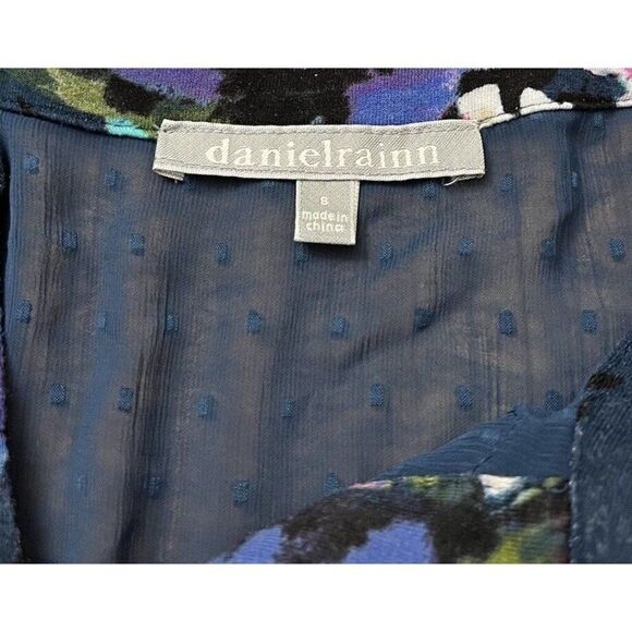 Daniel Rainn Ladies Small Dark Blue Floral Top Swiss Dot Chiffon Lace Blouse - Picture 6 of 7